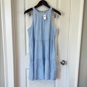 Old Navy Light Blue and White Striped Tiered Halter Dress, size L. NWT